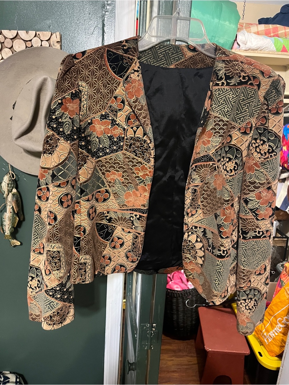 Womens Black & Brown Patterned Cropped Jacket
